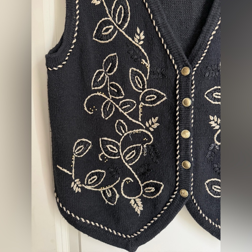 Yar works L Black Embroidered Vest with Leaf Design boho formal goth western - Picture 5 of 8